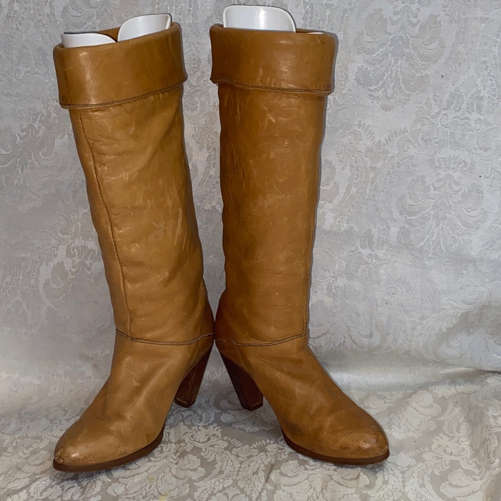 Vintage Frye Heeled Campus Tan Leather Knee-High Boots with cuff Size 6 - Picture 2 of 6